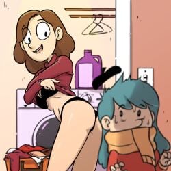 black_bra black_panties black_underwear brown_hair centinel303 david_(hilda) hilda_(series) johanna_(hilda) large_ass large_breasts light-skinned_female light_skin milf red_sweater smile smiling unaware underwear