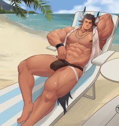 arknights balls bara beach_chair bulge cow_boy cow_ears facial_hair hand_behind_head horns jockstrap male male_only matterhorn_(arknights) muscles muscular penis solo solo_male xianyusamuel