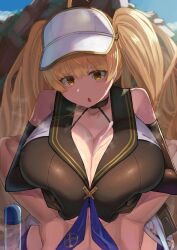 1boy 1girls blonde_hair cap clothed clothed_paizuri engulfing_paizuri facominn granblue_fantasy huge_breasts light-skinned_female light-skinned_male light_skin monika_(granblue_fantasy) outside paizuri pov yellow_eyes