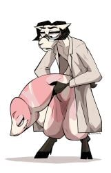 absurd_res anthro balls bathrobe big_balls big_penis black_feet black_nose bovid caprine clothing ears_back eyewear fur genitals glasses hand_on_butt hi_res hooves horn humanoid_genitalia humanoid_penis hyper hyper_genitalia in_full_growth living_penis male mammal ozzymandy penis pink_penis pivoted_ears robe sheep simple_background smile smiling_at_each_other solo white_background white_body white_ears white_fur