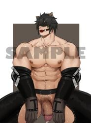 animal_ears arknights ball_gag balls bara broca_(arknights) chaps eye_mask male male_only muscles muscular penis shirtless solo solo_male spread_legs sweaty xianyusamuel