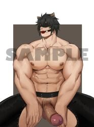 animal_ears arknights ball_gag balls bara boner broca_(arknights) chaps erection eye_mask male male_only muscles muscular penis shirtless solo solo_male spread_legs xianyusamuel