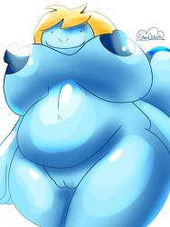 1girls 2023 anthro blonde_hair blue_body blue_nipples dot_eyes female game_freak generation_2_pokemon happy huge_breasts navel nintendo pokémon_(species) pokemon pokemon_gsc pussy quagsire solo solo_female stormcloudsart tail thick_ass thick_thighs white_background