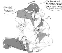 2boys anal anal_sex bar_censor clothed_sex condom dialogue english_text gay gintama gintoki_sakata japanese_clothes katsura_kotarou kimono long_hair long_hair_male male male_only mew_(pixiv) monochrome penis sketch speech_bubble yaoi