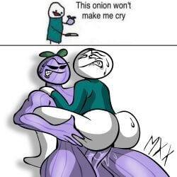 2boys anal anon ass bubble_butt cowgirl_position funny gay gay_domination gay_sex green_shirt gritted_teeth huge_cock humanized humor inanimate_object instant_loss_2koma male maledom malesub meme muscular muscular_male mxx object_head onion purple_body shitpost sitting_on_lap sweat tears vegetable_humanoid yaoi