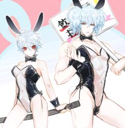 1boy 1girls alternate_costume bowtie bunny_boy bunny_ears bunny_girl bunny_tail bunnysuit canon_crossdressing canon_genderswap cleavage crossdressing detached_collar dual_persona female genderswap_(mtf) ginko_sakata gintama gintoki_sakata ivan_11300 katana light_blue_hair looking_at_viewer makeup male medium_breasts muscular muscular_male paako pale-skinned_female pale-skinned_male pale_skin red_eyes rule_63 short_hair sign silver_hair sword transparent_bunnysuit twintails very_short_hair weapon wig