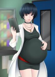 1girls belly big_belly blue_hair breasts choker cleavage female hand_on_belly outie_navel persona persona_5 pregnant silkyomega tae_takemi