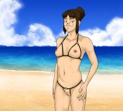 1girls anaxus avatar_legends beach breasts female glasses medium_breasts nipples nude pussy solo solo_female standing swimsuit the_legend_of_korra zhu_li_moon