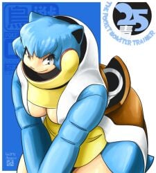 1girls 2d black_eyes blastoise blue_background blue_hair female female_focus female_only inner_sideboob large_breasts long_eyelashes nintendo pokémon_(species) pokemon pokemorph smile solo suit thick thick_thighs turtle