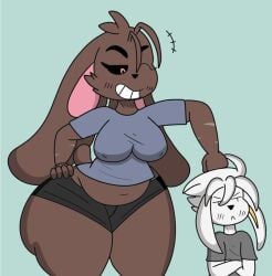 :< anthro big_breasts breasts clothed clothing crackalacking dd_(dewwydartz) female furry hashidoodle lopunny nintendo pokémon_(species) pokemon pokemon_(species) raboot thick_thighs val_(dewwydartz) wide_hips