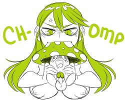 bite breasts erection femdom green_eyes green_hair larger_female lilithium_(nyxondyx) medium_breasts mushroom nyxondyx oc penis size_difference smaller_male sporich_(nyxondyx)