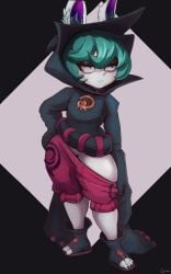 2023 absurd_res bored cranihum female green_hair hair hi_res humanoid league_of_legends not_furry pubes purple_eyes riot_games simple_background solo standing vex_(league_of_legends) white_body yordle