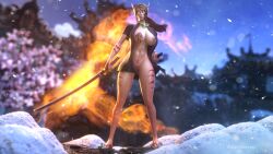 1girls abs big_breasts blood_elf brown_hair clit_piercing female female_only golden_eyes katana kimono looking_at_viewer nipple_piercing open_clothes piercing piercings snow standing sword tattoo tattoo_on_breast tattoo_on_face thick_thighs world_of_warcraft zentaeron