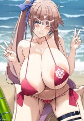 beach bikini blue_eyes blush breasts brown_hair cameltoe cleavage collarbone cum cum_on_body cum_on_breasts cum_on_face day double_v english_commentary facial fal_(girls'_frontline) female girls'_frontline grin hair_ribbon highres huge_breasts keenh long_hair micro_bikini navel ocean one_eye_closed outdoors red_bikini ribbon side_ponytail sidelocks sitting smile solo swimsuit thigh_strap v very_long_hair wariza water_gun