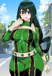 ai_generated black_eyes bodysuit boku_no_hero_academia creamy_ai curvy dark_green_hair frog_girl green_bodysuit green_hair large_breasts my_hero_academia narrow_waist superhero_costume thick_thighs tsuyu_asui wide_hips