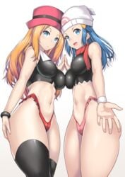 2girls adapted_costume big_breasts blonde_hair blue_eyes blue_hair breast_press breasts cameltoe clothed dawn_(pokemon) female female_only highleg holding_hands human human_only impossible_clothes large_breasts long_hair looking_at_viewer multiple_girls nagase_haruhito navel nintendo offscreen_character parted_lips pokemon pokemon_dppt pokemon_xy serena_(pokemon) serena_(pokemon_games) skin_tight smile thick_thighs thighhighs thighs thong voluptuous wide_hips