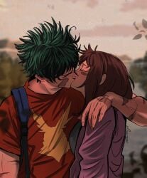 1boy1girl brunette canon_couple green_hair izuku_midoriya kissing my_hero_academia not_porn ochako_uraraka pink_shirt red_shirt safe safe_for_work scars sfw sunimage sunset wholesome