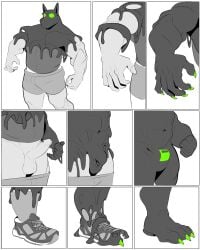 2024 4:5 5_fingers absurd_res balls black_body bottomwear canid canine claws clothing comic erection feet fingers footwear genitals goo_transformation green_claws green_eyes hi_res human humanoid_genitalia humanoid_penis latex latex_creature living_latex lock_bulge male mammal muscular penis shoes shorts simple_background solo taurodin transformation