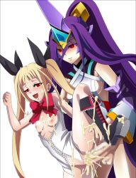 1boy 2girls bare_shoulders black_sclera blonde_hair blush bow breasts censored cum cum_in_pussy cum_on_body cum_on_breasts cum_on_clothes cum_on_hair cum_on_lower_body cum_on_upper_body detached_sleeves ejaculation facial femdom flat_chest futanari hair_ribbon intersex leg_lift long_hair mosaic_censoring multiple_girls nail_polish naughty_face nipples open_mouth otoko_no_ko penis purple_hair pussy red_eyes ribbon sex small_breasts smile straight striped twintails vaginal_penetration very_long_hair