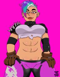 1girls abs athletic athletic_female dopeisnukat female fortnite fortnite:_battle_royale gloves multicolored_hair pulling_down_pants pussy_peek ringmaster_scarr_(fortnite) simple_background