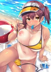 arm_at_side arm_support ball bangs bare_shoulders beach beach_ball beachball bikini bikini_pull blush breasts brown_hair closed_mouth clothes_pull collarbone day eyebrows_visible_through_hair female hair_between_eyes highres large_breasts looking_at_viewer mizuhara_yuu mouth_hold nail_polish navel nipples non-web_source one-piece_tan original outdoors pink_nails pointing pointing_at_viewer pussy_juice sand short_hair side_ponytail sitting solo swimsuit tan tanline untied untied_bikini visor_cap water whistle whistle_around_neck yellow_bikini yellow_eyes