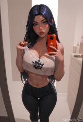 1girls ai_generated ass crop_top curvaceous curvaceous_body curves curvy curvy_body curvy_female curvy_figure female female_only hourglass_figure irelia_xan league_of_legends leggings light-skinned_female light_skin looking_at_viewer mobolusai selfie solo solo_female tight_clothing voluptuous voluptuous_female woman