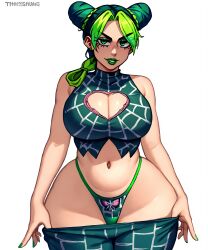 1girls ai_generated bare_arms bare_shoulders breasts cleavage cleavage_cutout crop_top curvy female female_only gardener_ai green_eyes green_hair green_lipstick green_nails green_panties groin highleg_panties jojo's_bizarre_adventure jolyne_kujo large_breasts lipstick makeup midriff multicolored_hair nail_polish navel panties pants_down pants_pull pony_diffusion_xl pulling_down_pants seductive simple_background skimpy sleeveless smile solo stable_diffusion stone_ocean string_panties thick_thighs thong undressing voluptuous white_background wide_hips