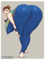 1girls 3:4 artist_name ass ass_focus bent_over brown_eyes brown_hair capcom chun-li double_bun female female_only from_behind gigantic_breasts huge_ass looking_at_viewer looking_back matospectoru nipple_bulge nipples_visible_through_clothing one_eye_closed solo street_fighter tagme thick_ass thick_thighs twitter_link wide_hips wink