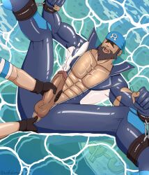 archie_(pokemon) balls bara beard bodysuit boner cum erection facial_hair fingering handjob headkerchief male male_only muscles muscular nintendo orgasm penis penis_out pokemon spread_legs team_aqua team_aqua_grunt wolfshirtart