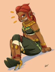 2d 2d_(artwork) blue_lipstick bondage bound bound_arms bound_legs breasts breath_of_the_wild clothed clothing female female_focus female_only gag gagged gerudo green_eyes heels high_heels looking_at_viewer nintendo riju submissive submissive_female the_legend_of_zelda video_game young