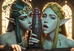 1boy 2girls ai_generated big_penis blonde_hair blue_eyes brown_hair dark-skinned_male dark_skin double_fellatio elf elf_ears erection female ffm ffm_threesome huge_cock hylian interracial licking_penis male midna open_mouth oral oral_sex penis pointy_ears pov princess_zelda red_eyes saliva saliva_trail sex the_legend_of_zelda threesome tongue_out twili twili_midna twilight_princess zelda_(breath_of_the_wild)