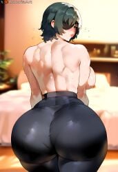 ai_generated big_ass chainsaw_man dark_hair himeno_(chainsaw_man) luxuriaart muscular_back muscular_female sweat thiccwithaq_(ai_style)