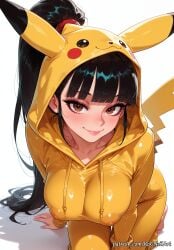 1girl 2026 ai_generated all_fours animal_tail anime bangs barefoot black_hair blunt_bangs blush boobs breasts brown_eyes cleavage closed_mouth cosplay covered_nipples crossover eve_(stellar_blade) eye_contact eyelashes female female_focus flushed highres hood huge_breasts large_breasts lips long_hair looking_at_viewer neutral_expression nsfw patreon patreon_username pikachu ponytail rognezart shift_up shiny simple_background smile smiling solo stellar_blade tail very_long_hair watermark web_address white_background