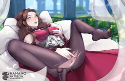 1girls brown_hair dorothea_arnault female female_only fingering fingering_self fire_emblem fire_emblem:_three_houses green_eyes hanano heart-shaped_pupils licking_lips looking_at_viewer masturbation medium_breasts nintendo on_back ripped_clothing solo spread_legs vaginal_penetration