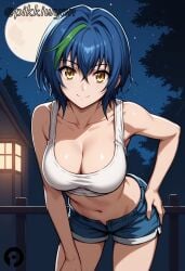 ai_generated bangs bare_arms bare_shoulders blue_hair blue_shorts breasts cleavage closed_mouth collarbone cowboy_shot crop_top denim denim_shorts female full_moon green_hair hair_between_eyes hand_on_hip high_school_dxd large_breasts leaning_forward looking_at_viewer midriff moon multicolored_hair navel night night_sky open_fly outdoors pikkiwynn railing short_hair short_shorts shorts sky sleeveless smile solo star_(sky) stomach streaked_hair tank_top thighs two-tone_hair white_tank_top xenovia_quarta yellow_eyes