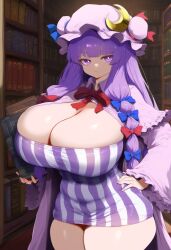 ai_generated ameanon big_breasts breasts cleavage cleavage_cutout female hand_on_hip huge_breasts large_breasts patchouli_knowledge plump purple_eyes purple_hair thick_thighs tight_clothing touhou