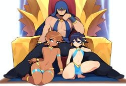 3boys ai_generated black_hair brown_hair bulge curvy dark-skinned_male dark_skin femboy girly harem harem_outfit king male_only mullon muscular_male novelai original throne trap wide_hips