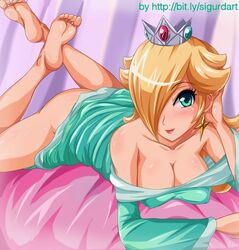 1girls ass bare_shoulders barefoot bed beige_skin blonde_hair blue_eyes blue_nails blush bottomless breasts cleavage closed_mouth clothes color crown ear_piercing feet female female_only hair human large_breasts long_hair lying mario_(series) nail_polish nintendo on_front open_eyes piercing princess_rosalina sigurdhosenfeld smile soles solo teal_eyes toenail_polish toenails toes