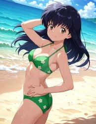 2025 ai_generated anime ass beach_background belly black_eyebrows black_hair_female booty brown_eyes_female closed_mouth closed_mouth_smile crunchyroll deviantart elryusam eyebrows_visible_through_hair female flower_bikini green_bikini hand_on_head hand_on_hip inuyasha kagome_higurashi long_hair_female looking_back_at_viewer manga meta mouth_closed smile_at_viewer smiling_at_viewer tummy wet_bikini wet_body wet_hair wet_skin
