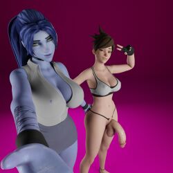 3d 3d_(artwork) big_breasts big_penis bra flaccid futanari half-dressed half-erect holding_ass looking_at_viewer office_lady open_clothes open_shirt overwatch overwatch_2 peace_sign penis runeiteer seductive seductive_look selfie tracer unaware widowmaker