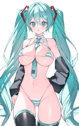 :o absurdres aqua_eyes aqua_hair aqua_necktie arm_at_side arm_behind_back ass bare_shoulders between_breasts bikini black_sleeves black_thighhighs blush breasts cowboy_shot detached_sleeves female gluteal_fold groin hair_between_eyes hair_ornament hatsune_miku hatsune_miku_(collared_bikini) highleg highleg_bikini highres large_breasts long_hair looking_at_viewer meme_attire micro_bikini miku_collar_bikini navel necktie necktie_between_breasts number_tattoo open_mouth parted_lips shoulder_tattoo simple_background solo standing string_bikini striped_bikini striped_clothes sumi_(mizuoisiiii) swimsuit tattoo thighhighs tie_clip twintails very_long_hair vocaloid white_background