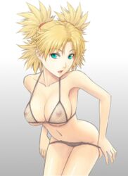 adam700403 bikini blonde_hair blue_eyes breasts female female_only fishnets human large_breasts naruto navel nipples panties panty_pull see-through solo sweat swimsuit temari underwear