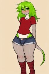 1anthro 1boy 1femboy ai_generated anthro blush clothed femboy furry girly green_eyes green_hair lizard oc original_character snake tagme tail thick_thighs