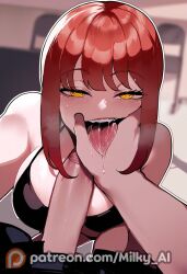 1boy 1girls ai_generated big_breasts braid braided_hair chainsaw_man hi_res looking_at_viewer makima_(chainsaw_man) milf milky_ai mommy naughty_face office_lady penis portrait red_eyes red_hair saliva seductive_look single_braid spiral_eyes thiccwithaq_(ai_style) thick_thighs tongue_out underwear wet