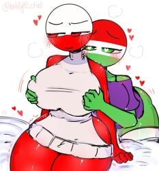 2females 2girls :3 amogus amogus_reference artist_name artist_signature big_ass big_breasts big_butt bite_mark bite_mark_on_shoulder bite_marks biting blush countryhumans countryhumans_girl green_eyes groping_breasts heart-shaped_pupils heart_eyes huge_ass huge_breasts hungary_(countryhumans) kak0yt0_chel on_bed poland_(countryhumans) red_eyes sleeveless sweatdrop tagme trembling yuri