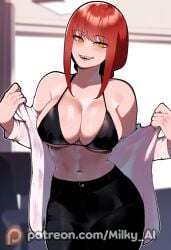 ai_generated big_breasts bra braid braided_hair chainsaw_man hi_res looking_at_viewer makima_(chainsaw_man) milf milky_ai mommy naughty_face office_lady open_shirt pants portrait red_eyes red_hair seductive shirt single_braid smile spiral_eyes thiccwithaq_(ai_style) thick_thighs underwear undressing wet