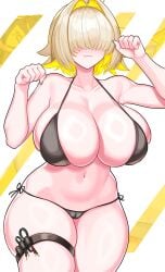 blonde_hair blush breasts elegg_(nikke) fang female female_only garter_straps goddess_of_victory:_nikke hair_covering_eyes hair_over_eyes huge_breasts navel nez-box pointy_chin side-tie_bikini sole_female twitter_link