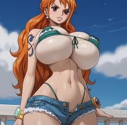 ai_generated big_breasts big_breasts bikini brown_eyes clothing female female_only huge_breasts jeans long_hair marshalperv nami one_piece orange_hair pervmarshal sea shorts smile solo tattoo wide_hips