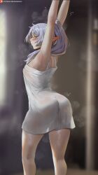 1girls absurd_res armpits arms_up artist_name ass ass_focus blurry blurry_background blush dress elf elf_ears elf_female flat_chest frieren highres indoors large_ass long_hair looking_at_viewer looking_back oroborusart pointy_ears short_dress sleeveless small_breasts solo sousou_no_frieren stretching twintails white_dress white_hair