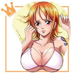 1girls artist_request big_breasts bikini bikini_top blush boob_mousepad breasts cleavage erect_nipples female female_only large_breasts lowres mousepad nami nipples one_piece oppai_mouse_pad orange_hair pre-timeskip smile swimsuit tattoo